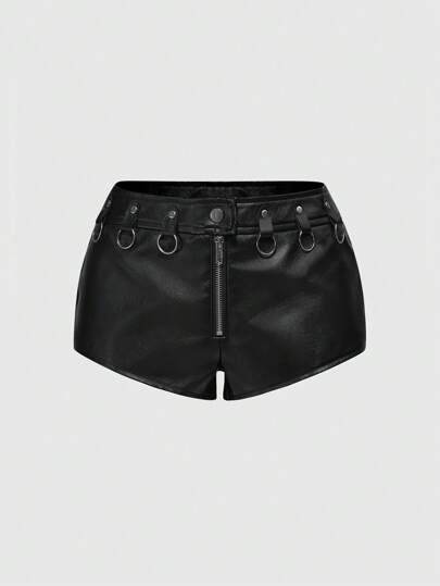 ROMWE Avant Shorts ultra-courts en PU à taille basse, noirs, décorés de rivets et d'anneaux, style sexy punk goth pour femmes