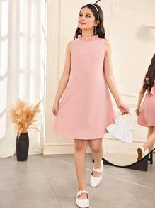 Đầm sơ mi không tay màu trơn thanh lịch, giản dị dành cho bé gái tuổi teen, cổ áo xếp nếp, cài cúc phía sau, kiểu Pháp cổ điển, màu hồng. - Hồng - Xem 4