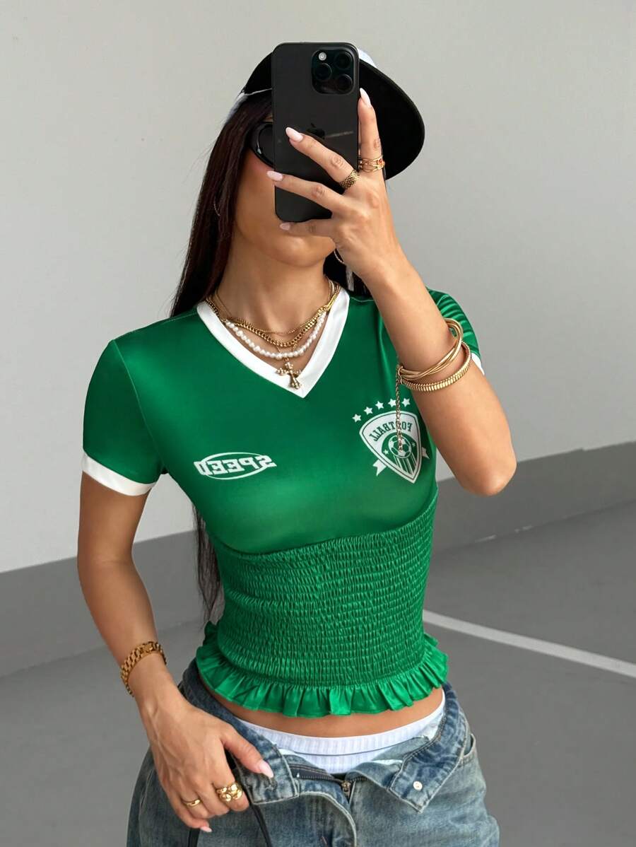 SHEIN Unity Streetwear Women's Colorblock Print Tight Fit Short Sleeve T-Shirt, Spring & Summer - Green - View 1