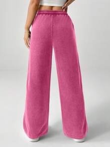 SHEIN PETITE Snow-Washed Women's Drawstring Wide Leg Sweatpants Baggy - Hot Pink - View 2