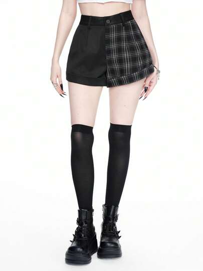 Goth Dark Vintage Plaid Yin-Yang Patchwork Women Shorts