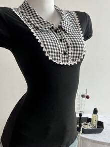 Elamini Kaos Lengan Pendek Pas Badan Bermotif Kotak-kotak Patchwork Gaya Retro Chic Musim Panas - Putih - View 5