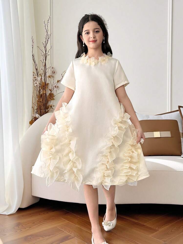 فستان أنيق بياقة مستديرة وأكمام قصيرة مصنوع من نسيج المعقود للفتيات المراهقات - لون مشمشي - مشاهدة 2