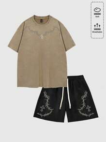 ROMWE MEN Goth 男士水洗圆领短袖休闲T恤和抽绳腰短裤套装 - 棕色 - 查看 1