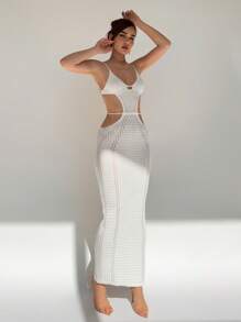 Aloruh Vestido de Tricô Slim com Alças Finas, Gola em U, Decote Baixo e Textura Vazada, em Cor Sólida, Casual para Mulheres