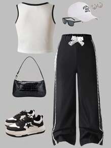 Unlock A Sweet New Style! Spring/Summer Young Girl Printed Vest With Black Trim Paired With Black Lace Trim Pants, Featuring Cute Bow Print And Elegant Lace Trim Details For A Graceful Princess Look, Comfortable And Fashionable 2 Pieces Set,Holiday,Summer,Travel