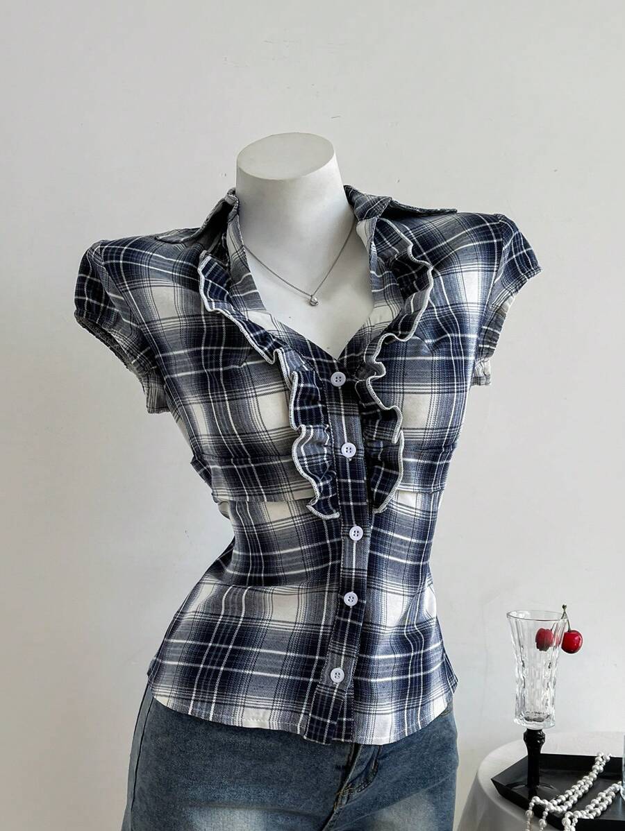 Elamini Women's Plaid Print Ruffle Front Button-Up Slim Fitted Blouse - Multicolor - View 1
