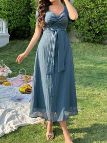 Modelyn Women's Solid Color Mid-Length Dress With Puff Sleeve, Waist Tie And Ruffle Hem - Blue - View 3