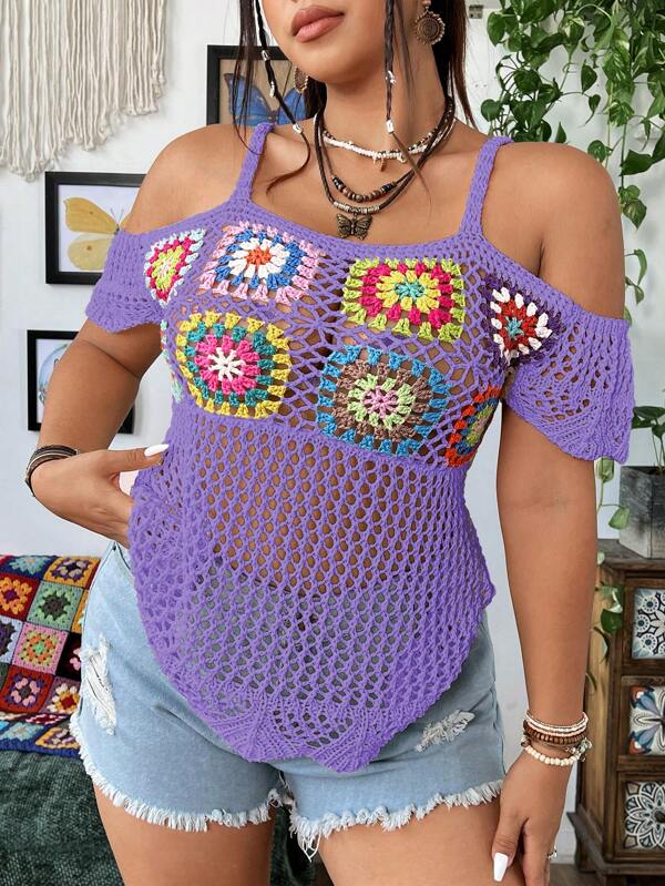 Sunnyshic Plus Size Women Floral Crochet Off Shoulder Knitted Top