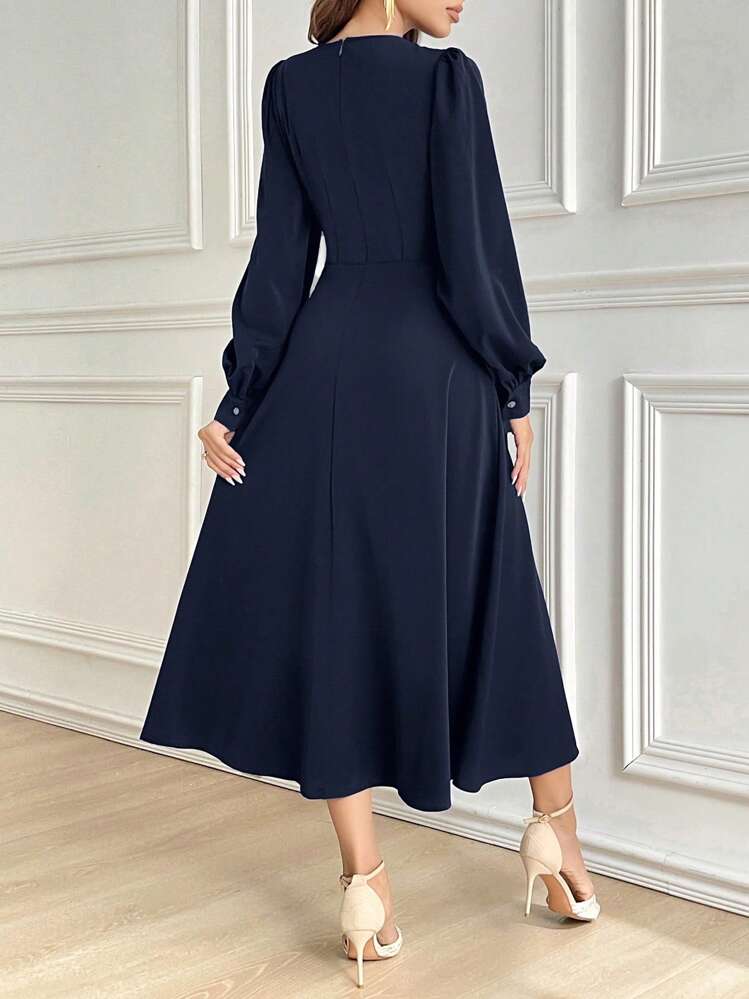 Modelyn 女士纯色圆领灯笼袖褶皱优雅连衣裙长款晚礼服 - 藏蓝色 - 查看 2