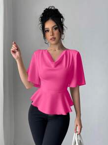 Chiquease Satin Draped Neck Ruffle Collar Slim Fit Blouse For Women, Spring/Summer - Hot Pink - View 4