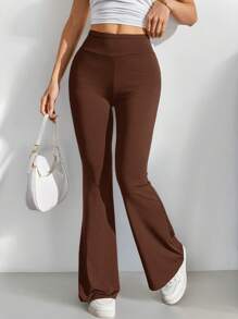 SHEIN PETITE Simple Solid Color Wrap High Waist Flared Pants - Brown - View 8