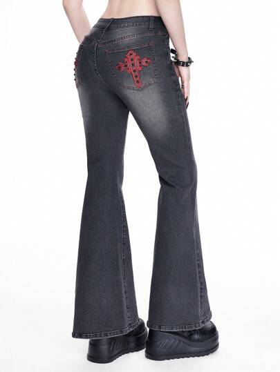 Grunge Punk Jeans aderenti a zampa d'elefante da donna con applicazioni a croce di colore unito