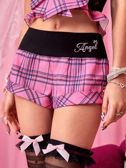 J-Fashion Shorts de falda mini a cuadros con ribete de encaje y lazo extra grande de talle bajo en estilo Harajuku Y2K para mujeres