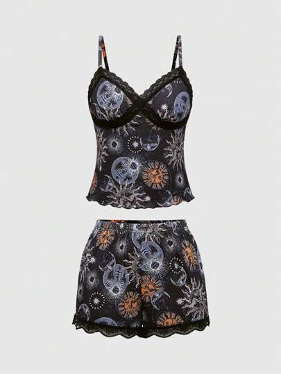 Goth Conjunto de pijama con camiseta y pantalones cortos con estampado de sol y luna, tela satinada y encaje de contraste, estilo gótico académico