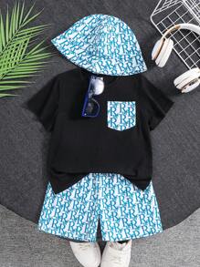 3pcs Buy 2 Get 1 Free Boys Casual Stylish Simple Versatile Comfortable Letter & Graphic Print T-Shirt, Shorts And Sun Visor 3 Pieces Set, Suitable For Spring/Summer, Daily, Sports, Outings, School, Party, Festival, Photo Shooting - Black - View 1