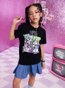 The Winx X SHEIN Tween Girl Cartoon Anime Graphic Loose Fit Short Sleeve T-Shirt - Black - View 3