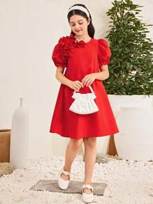 SHEIN Vestido holgado de línea A con cuello redondo, mangas abultadas y volante en el bajo para niña preadolescente, estilo elegante y casual para resort, color rojo