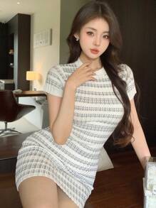 DAZY Fitted Sexy Rhombus Texture Mini Knit Dress Women Sweater Dresses Plaid - White - View 2