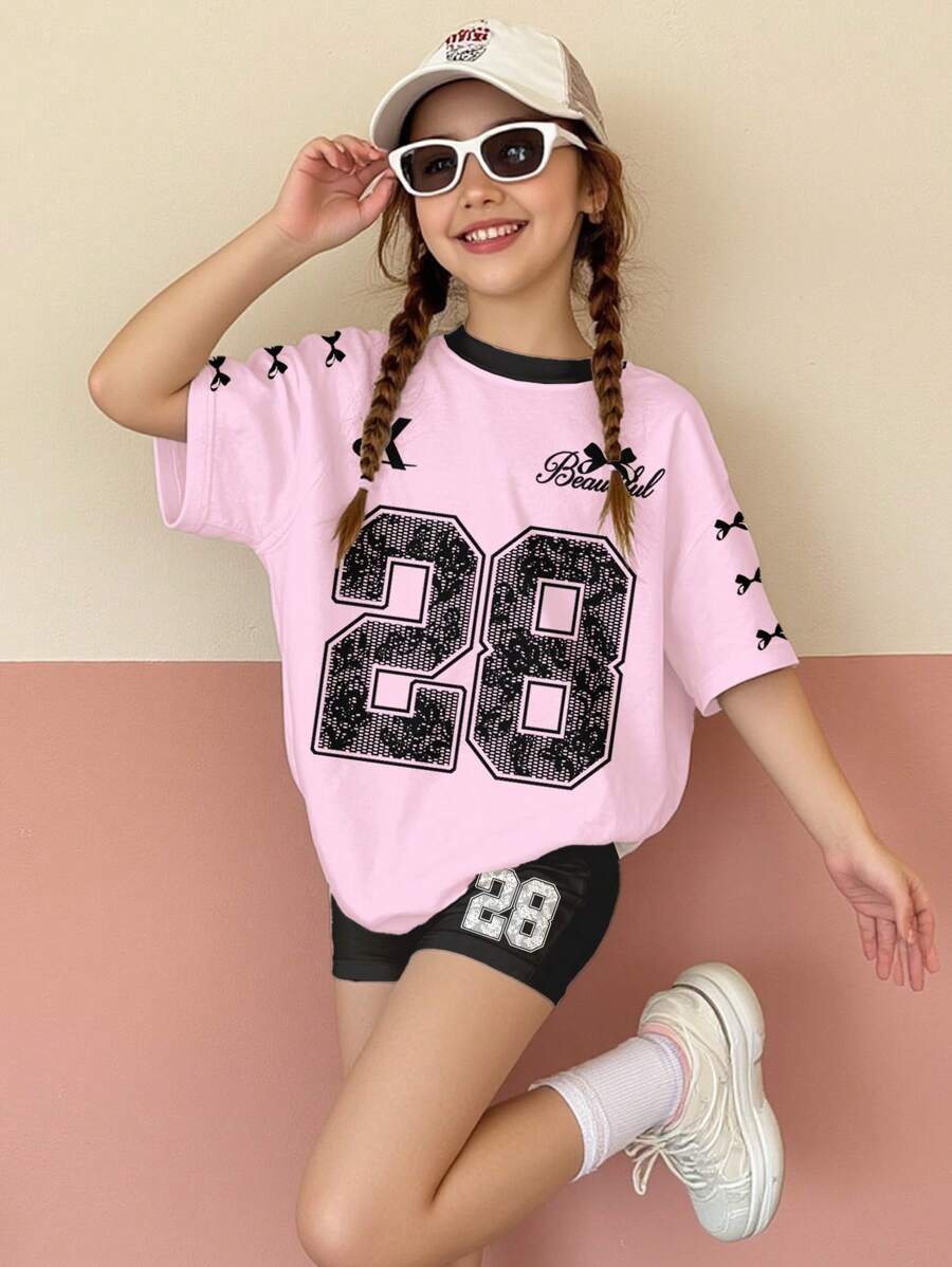 SHEIN Leap Crew Tween Girl Ballet Lace Butterfly Letter Graphic Loose Fit Short Sleeve Tee And Shorts 2Pcs Set, Casual Summer Outfit Young Girls Sets Summer Young Girls Sets Young Girls Sets Winter Teen Girl Number Shirt Teen Girl Clothes Teen Girls 13 Year Old - Multicolor - View 1
