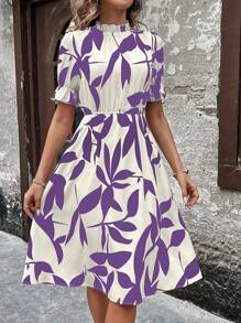 SHEIN Clasi 女式不对称植物印花荷叶边立领泡泡袖长裙女装