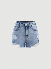SHEIN Girlism Shorts vaqueros de mezclilla desgastada con bolsillos en diagonal para niñas preadolescentes, conjuntos de ropa de verano para niñas estilo bohemio casual