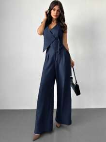 Firerie Festival New Spring/Summer Elegant Minimalist Linen Color Wrap Tie Belt Waistcoat & High Waist Pleated Wide Leg Pants Suit Set, Office Commuting