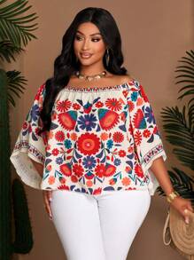 SOLERSUN Plus Size Women's Line Floral Print Vacation Casual Spring/Summer Off-Shoulder Shirt - Apricot - View 4