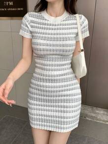 DAZY Fitted Sexy Rhombus Texture Mini Knit Dress Women Sweater Dresses Plaid - White - View 4