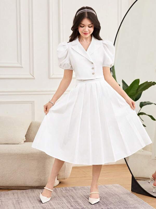 SHEIN 2pcs/Set Teen Girls White Woven Cami Elegant Collared Puff Sleeve Blouse And Mini Skirt, Suitable For Spring/Summer, Graduation Prom, Commute