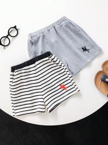 SHEIN 2 件套男婴可爱夏季休闲条纹灰色松紧腰短裤，衣橱必备 - 彩色 - 查看 6