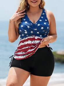 Swim Lushoire Plus Size Women's Random USA Flag Print Casual Beach V-Neck Drawstring Side Tankini Set, 4th Of July For Summer Beach Vacation - Black - View 1