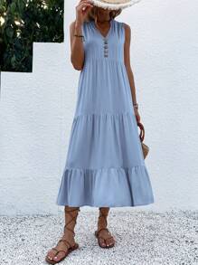 SHEIN LUNE 纽扣细节荷叶边下摆罩衫长款女装 - 淺藍色 - 查看 5