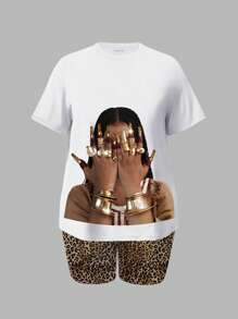 INAWLY 超大落肩圆领短袖T恤+短裤两件套