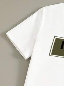 SHEIN Vacaura 2 Pieces Set: Teen Boys Casual Fashion Black Round Neck Short Sleeve Letter Graphic T-Shirt And Khaki Woven Shorts, Classic Color Scheme Summer New Arrival, School, Campus, College - Multicolor - View 5