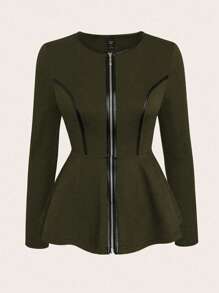 SHEIN Clasi Women Round Neck Ruffle Trim Zip Up Flared Hem Jacket, Long Sleeve - Army Green - View 1