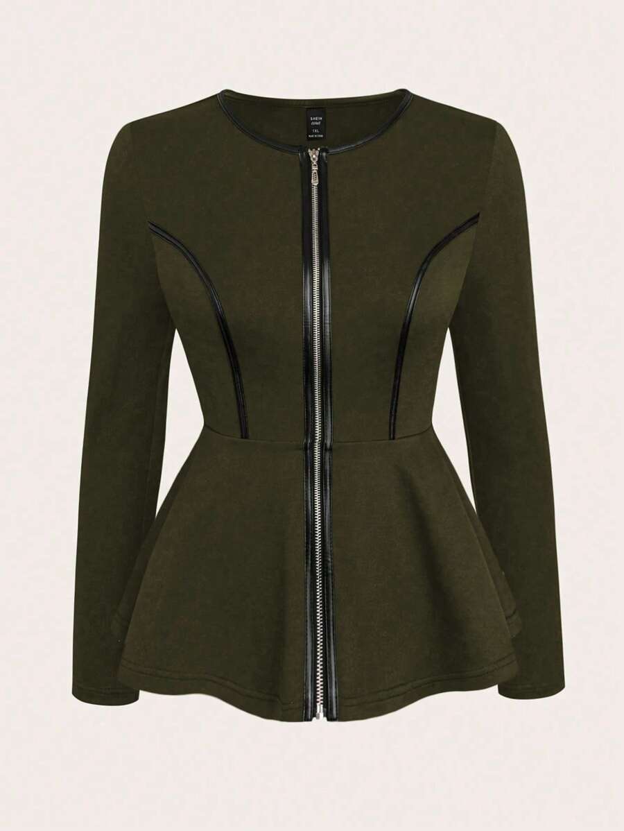 SHEIN Clasi Women Round Neck Ruffle Trim Zip Up Flared Hem Jacket, Long Sleeve - Army Green - View 1