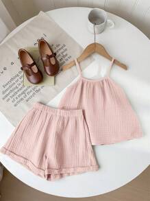 SHEIN LMoss Kids Summer Young Girl Minimalist Casual Spaghetti Strap Loose Tank Top & Fringed Hem Shorts 2Pcs Set - Pink - View 3