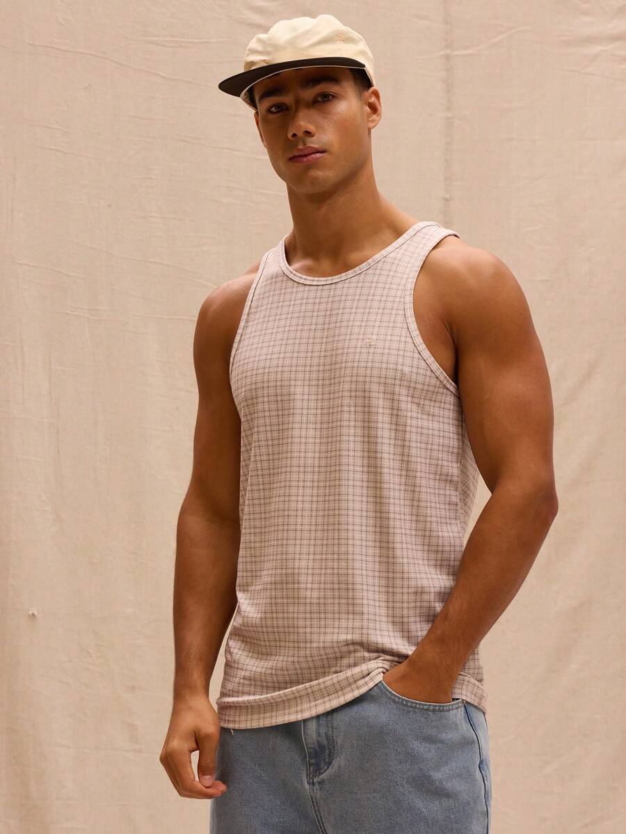 Musero Men Checkered Sleeveless Tank Top Spring Summer - Brown - View 1