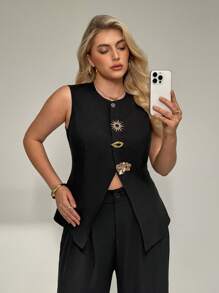 Auralis Plus Size Summer Black And Gold Elegant Birthday Business Casual Women Office Work Button Up Shirt,Metal Buckle Decoration Hem Slit Old Money Top - Black - View 1