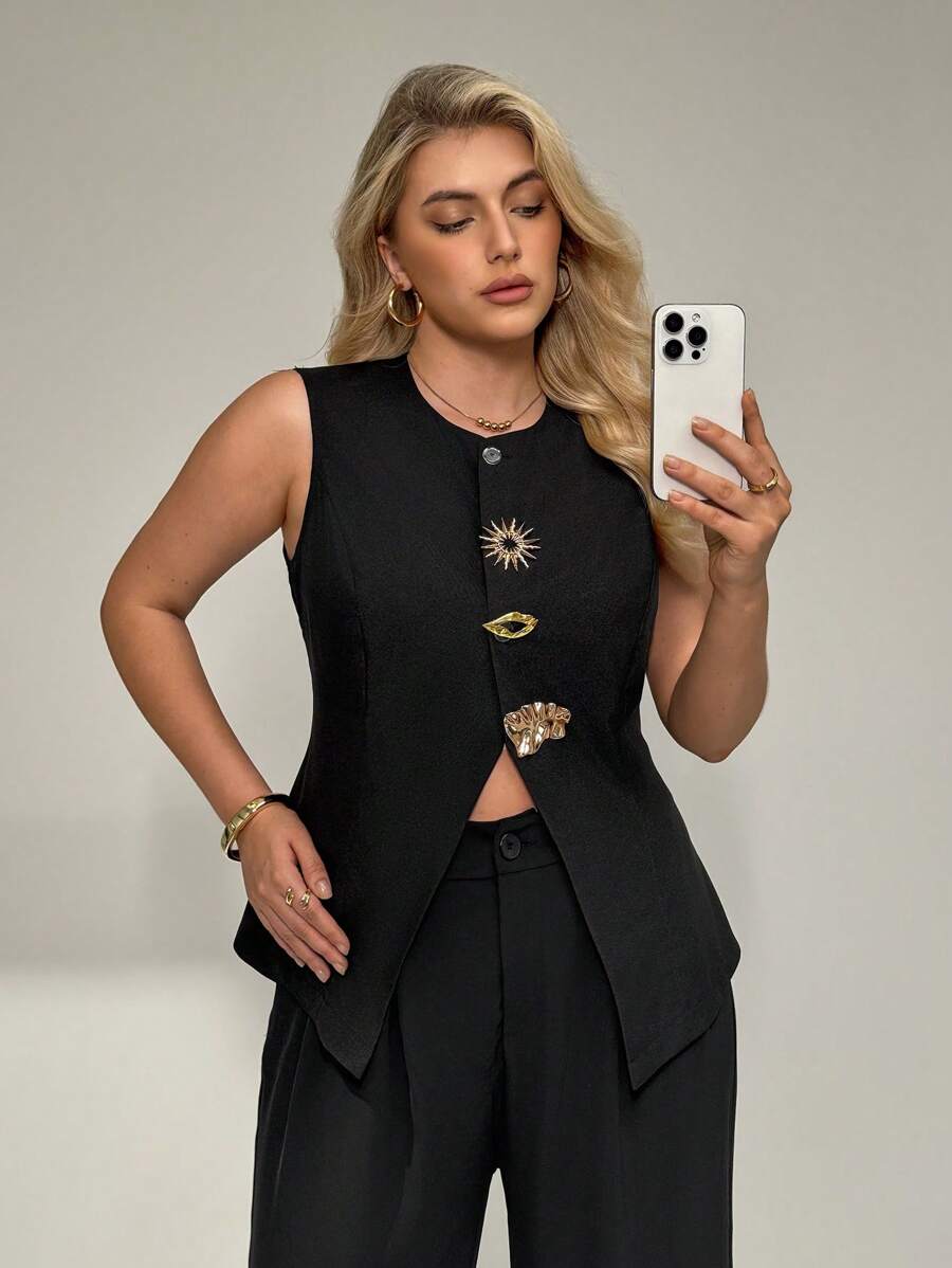 Auralis Plus Size Summer Black And Gold Elegant Birthday Business Casual Women Office Work Button Up Shirt,Metal Buckle Decoration Hem Slit Old Money Top - Black - View 1