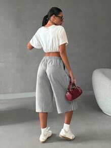 SHEIN Women's Light Grey Side Striped Drawstring Casual Shorts - Light Grey - View 2