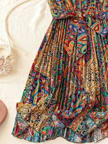 Trelyra Floral Print Stand Collar Pleated Waist Vacation Dress