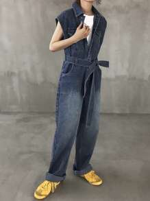 FRIFUL 女式单排扣系带腰口袋休闲牛仔阔腿连体裤 - 藍色 - 查看 4