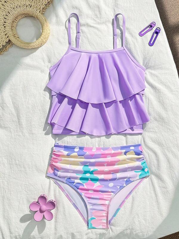 Tween Girl Layered Camisole Top And Floral Print Ruffled Triangle Tankini Swimsuit Set Bathing Suits For Girls One Price Bathing Suits For Girls Kids Sets For Girls Clothes Bathing Suits For Girl Swim Suits For Girls Two Piece