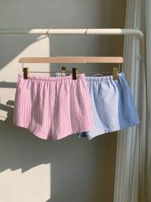 Comfortcana 2pcs Women Casual Button Tie Knot Striped Shorts Set, Suitable For Summer Suitable For Going Out - Multicolor - View 2
