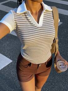 Siren Gaze V 领短袖 T 恤女款，夏季露肩剪裁短款 Polo 衫，休闲修身 T 恤