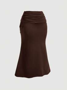 SHEIN MOD Chân váy midi chữ A cạp cao màu nâu cỡ lớn có dây rút bên hông, viền nhún, mùa hè - màu nâu - Xem 4
