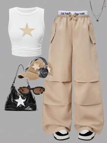 SHEIN ChillGRL 两件套少女星形印花侧边抽绳上衣和带口袋的撞色腰带工装裤套装，休闲街头风，春夏假日装。