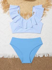 Teen Girls Striped Ruffle Trim Bikini Set Summer Beach - Blue and White - View 6